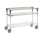 The Metro MS1848-FGBR PrepMate MultiStation 48 Prep Station boasts a solid galvanized top shelf, brite zinc wire bottom shelf with chrome posts, four blue caster wheels, and handles for a functional yet stylish industrial design.