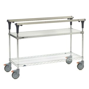 The Metro MS1848-FGBR PrepMate MultiStation 48 Prep Station boasts a solid galvanized top shelf, brite zinc wire bottom shelf with chrome posts, four blue caster wheels, and handles for a functional yet stylish industrial design.
