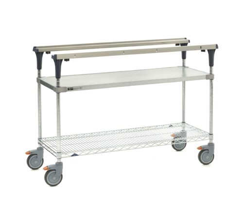 The Metro MS1848-FGBR PrepMate MultiStation 48 Prep Station boasts a solid galvanized top shelf, brite zinc wire bottom shelf with chrome posts, four blue caster wheels, and handles for a functional yet stylish industrial design.