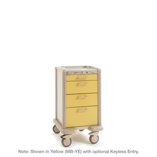 The Metro MBPC1210TL Basix Plus Compact Medical Cart features three drawers in vibrant yellow (MB-YE) against a white base, with smooth-rolling wheels and an optional Keyless Entry.