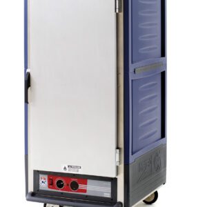 The Metro C537-HXFS-U-BU C5 3 Series Insulated Holding Cabinet, 3/4 height, features a full-length solid door with universal wire slides. Its blue, operates on 220-240V at 50/60Hz and 1681-2000W, has side panel vents, four caster wheels for mobility, and bottom front controls with a label.