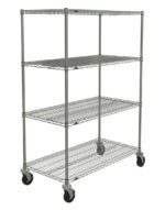 The Metro N556BBR Super Erecta industrial wire shelving cart in Brite, measuring 24 x 48 x 67.875, features a sturdy grid-like structure with four poles and caster wheels for effortless mobility, ideal for storage and organization.