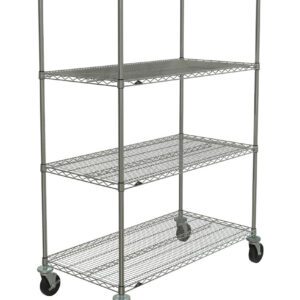 The Metro N556BBR Super Erecta industrial wire shelving cart in Brite, measuring 24 x 48 x 67.875, features a sturdy grid-like structure with four poles and caster wheels for effortless mobility, ideal for storage and organization.