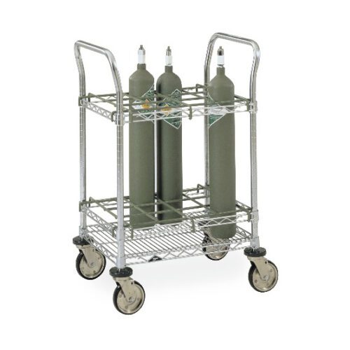 i1sm1p5ysstzthhpwdu5f9ij9hu9ovcp.jpg The Metro ITC12C Inhalation Therapy Cart, made of metal and equipped with wheels, holds three large green gas cylinders and includes two shelves and dual handles for easy transport, enhancing inhalation therapy efficiency.