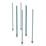 Six tall, slim, dark green metal Metro LBTAK3 qwikTRAK Double Deep Stationary Intermediate Unit Kit poles are anchored to circular bases with clamps. Spaced at varying distances against a white background, their Metroseal Green Epoxy finish offers depth and contrast.