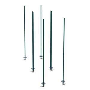 Six tall, slim, dark green metal Metro LBTAK3 qwikTRAK Double Deep Stationary Intermediate Unit Kit poles are anchored to circular bases with clamps. Spaced at varying distances against a white background, their Metroseal Green Epoxy finish offers depth and contrast.