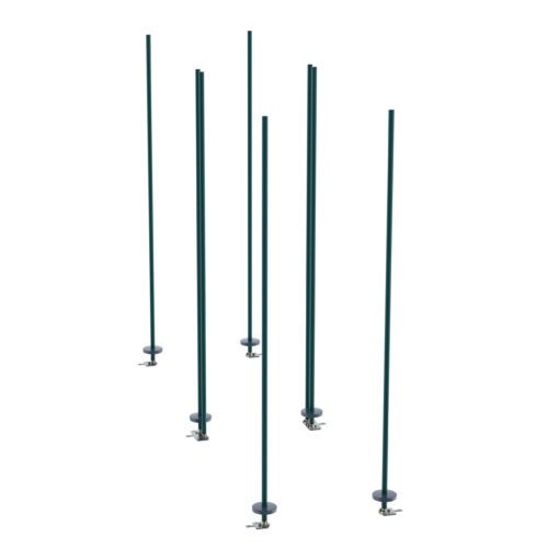 Six tall, slim, dark green metal Metro LBTAK3 qwikTRAK Double Deep Stationary Intermediate Unit Kit poles are anchored to circular bases with clamps. Spaced at varying distances against a white background, their Metroseal Green Epoxy finish offers depth and contrast.