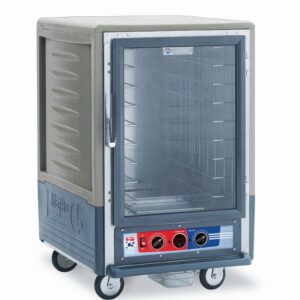 The Metro C535-MXFC-L-GY C5 3 Series Insulated Moisture Heated Holding/Proofing Cabinet, with a full-length clear door and Lip Load Aluminum Slides, is mounted on wheels for easy mobility. It operates at 220-240V and 50/60Hz, making it an excellent choice for any kitchen.
