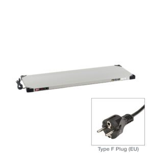 The Metro HSX1848-EU Super Erecta Heated Shelf is a 18 x 48 stainless steel rectangular panel with a black framed edge and short black cord, using a Type F plug for EU outlets. It efficiently operates between 220-240V and 336-400W.
