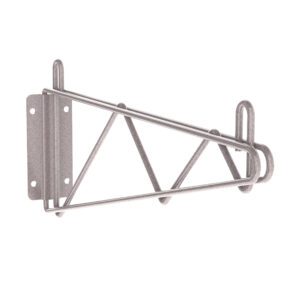 The Metro 1WD18K4 Super Erecta Direct Wall Mount Single Shelf Bracket, designed for 18 wide shelves, features a silver metal triangular frame with a grid-like design. It includes a mounting plate and multiple support bars, all coated in Metroseal Gray Epoxy for reliable support.