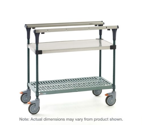 The Metro MS1848-FSPR PrepMate MultiStation 48 is a versatile rolling utility cart with a stainless steel top and Super Erecta Pro bottom shelf, featuring Metroseal Green Epoxy posts. It has four wheels (two lockable) and includes a handlebar. Note: Actual dimensions may vary.