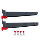 Two black and red plastic brackets, compatible with the Metro SMA21A SmartLever Arms (Pair), 21, are aligned horizontally at the top. Arranged below them on a white background are four small red caps and three metallic clips in a row.