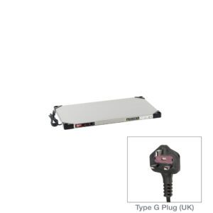 The Metro HSX1830-UK Super Erecta Hot Shelf features control buttons for maintaining food warmth and includes a close-up of its Type G plug, compatible with 220-240V systems.