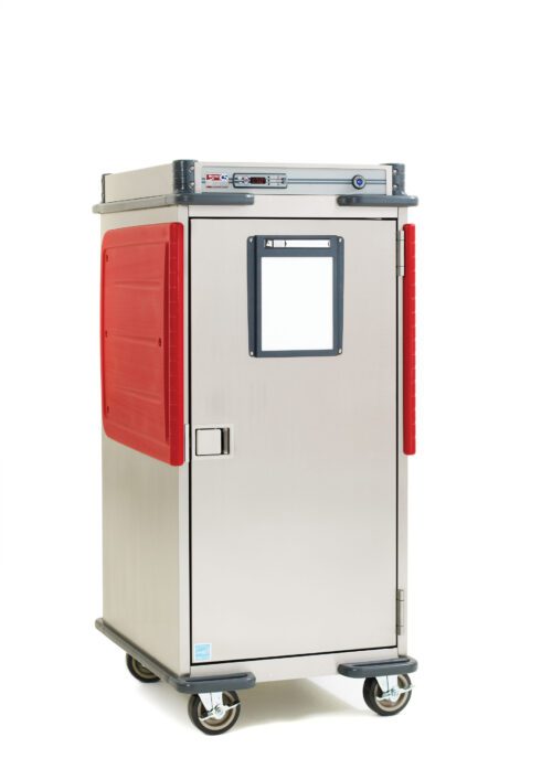 The Metro C5T8X-DSF C5 T-Series Heated Transport Cabinet features a metallic body with red accents, a full-length solid door with a display window, side handles, and a digital control panel. It has 5/6 height and four wheels for easy mobility. Powered at 220-240V, 50/60Hz, 1176-1400W.