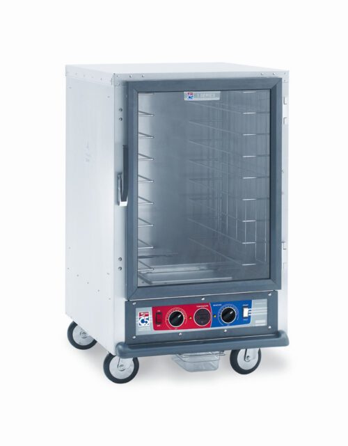 idenptzc72oyvi983dexddu5o4lfkhxz.jpg The Metro C515-CXFC-4 C5 1 Series Holding/Proofing Cabinet is a 1/2 height mobile heated unit with fixed wire slides, featuring a glass door, metal body, ventilation slots, and control panel. It operates at 220-240V and 1681-2000W, making it ideal for food warming and transport at 50/60Hz.