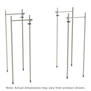 A digital render of two sets of silver support poles with adjustable clamps and black base stands, resembling the Metro MXTTE21 Top-Track Stationary End Unit Kit for 21 Wide MetroMax Shelving, Polymer Posts. Text at the bottom reads, Note: Actual dimensions may vary from product shown.