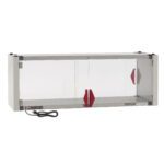 The Metro HS1448-EKIT features a transparent rectangular design with sliding glass doors and red handles. It measures 48.7 x 17.7 x 17.4 and includes a stainless steel heated shelf powered by a 120V cord, offering a sleek metallic frame for efficient heating.
