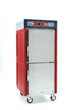 The Metro C549X-ASDS-UA C5 4 Series Insulated Holding Cabinet features a red and stainless steel design, full height, Dutch solid doors, universal wire slides, and four caster wheels. It operates efficiently on 220-240V for optimal food warming.