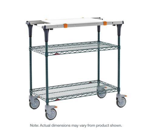 The Metro MS1848-NKNK-PK1 PrepMate MultiStation 48 prep station features Metroseal Green Epoxy for its top and bottom shelves and posts, includes Accessory Pack 1, and offers a functional yet stylish mobile design with vibrant orange accents. Note: Actual dimensions may vary.