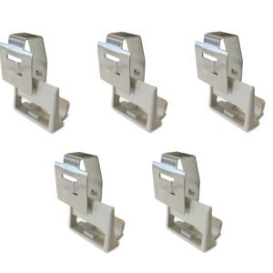 Five identical metal and plastic clips, resembling those from the Metro MXCNR5 kit for MetroMax i shelving, are spaced evenly on a white background, perfect for securing objects on surfaces.