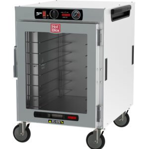 The Metro HBCW8-AC-M HotBlox Wide 8-Pan Insulated Mobile Holding Cabinet features a clear door, analog controller, adjustable shelves, temperature gauge, and caution labels. It operates at 120V/60Hz with 875W power and is NEMA 5-15P compatible for convenience.