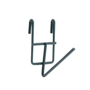 The Metro FCH SmartWall Flatware/Instrument Cylinder Holder, with a sleek Metroseal Green Epoxy finish, features two parallel top hooks and a diagonal lower hook. This simple yet sturdy green metal design is perfect for hanging various items, meeting all organizational needs efficiently.