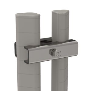 Close-up of two gray cylindrical poles connected by a Metro SAPCLAMPX clamp for MetroMax Seismic Shelving. The rectangular bracket secures them with a central bolt, and the poles have rounded edges and a smooth surface.