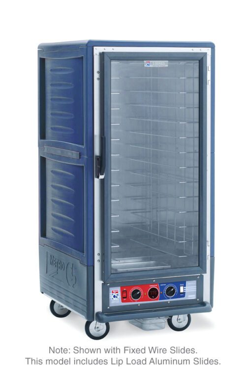 ihjhdljlmk24nz71vbajv04hvk3gwota.jpg The Metro C537-CXFC-L-BU C5 3 Series Insulated Holding/Proofing Cabinet features a 3/4 height design, full-length clear door, and blue finish. Its wheels offer mobility while the control panel ensures precise operation with lip load aluminum slides inside.