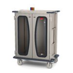The Metro CaseVue CV36HC-NBFH Surgical Case Cart boasts clear doors, color-coded flags, and a swing-up handle. Sized at 45.5W x 28D x 58.25H, it features four wheels for smooth mobility, making it perfect for hospital use.