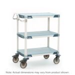 The MetroMax i MXUC2436F-35L utility cart, measuring 24W x 36L x 39.25H, boasts a sturdy metal frame and blue plastic shelves. Its practical design includes solid shelf mats, four large wheels, and a convenient handle. Note: Actual dimensions may vary from those shown.