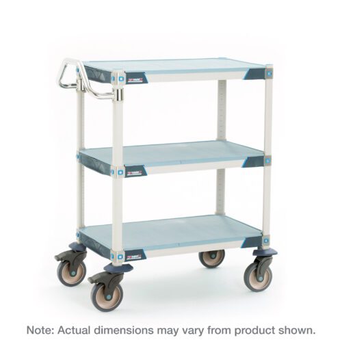ihq36qt5105hajltchi05ptmn7zwrr9f.jpg The MetroMax i MXUC2436F-35L utility cart, measuring 24W x 36L x 39.25H, boasts a sturdy metal frame and blue plastic shelves. Its practical design includes solid shelf mats, four large wheels, and a convenient handle. Note: Actual dimensions may vary from those shown.