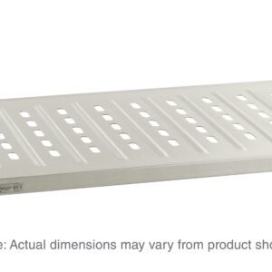 A Metro 1824LS Super Erecta Solid Shelf, featuring louvered/embossed stainless steel design with black corner protectors, is set against a white backdrop. Note: Actual dimensions may vary from product shown.