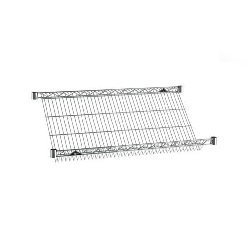 ii25pff4hnh00t6jpwrnpgqgb59ldd6d.jpg The Metro 1836DNC Super Erecta Slanted Shelf, 18 x 36, is a sleek dish rack with horizontal bars for drying plates. It includes mounting brackets for wall installation, offering a space-efficient kitchen solution.