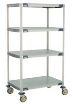 The MetroMax i X536EFX3 4-Shelf Industrial Plastic Shelving Mobile Cart, measuring 24 x 36 x 67.3125, includes four-tier gray solid shelves and blue corners with swivel casters for easy movement, making it perfect for storage or transport.