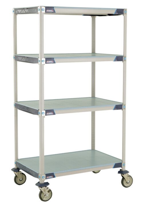 The MetroMax i X536EFX3 4-Shelf Industrial Plastic Shelving Mobile Cart, measuring 24 x 36 x 67.3125, includes four-tier gray solid shelves and blue corners with swivel casters for easy movement, making it perfect for storage or transport.
