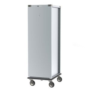 Meet the Metro CD4NA33 Bun Pan Cabinet, designed for optimum storage and mobility with a 40 pan capacity. This gray metal, wheeled cabinet features a smooth surface, keyhole, reinforced corners, and continuous bumpers for durability and easy use.