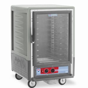 The Metro C535-HXFC-U-GY C5 3 Series Insulated Holding Cabinet is a mobile, half-height unit with a full-length clear door and universal wire slides. It operates at 220-240V with 1681-2000W, is designed for efficient food warming in catering or foodservice settings, and allows easy tray access.