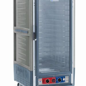 The Metro C537-CLFC-4-GY is a 3/4 height gray insulated holding/proofing cabinet with a full-length clear door, fixed wire slides, and control knobs at the bottom front. It features multiple interior shelves and four wheels for easy mobility, operating at 120V, 60Hz, and 1440W.