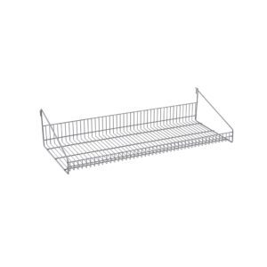 The Metro GS1436K4 SmartWall Grid Shelf with Retaining Ledge, in Metroseal Gray Epoxy and measuring 14 x 36, is wall-mountable with an open-grid design and two side supports. Its minimalist look is perfect for storage solutions.