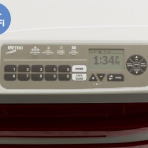 The Metro FLX420W Flexline Advanced Wireless LCD Keyless Entry Touchpad control panel displays the time as 1:34 PM, featuring entry and lock buttons. A WiFi icon in the top left corner indicates seamless connectivity.