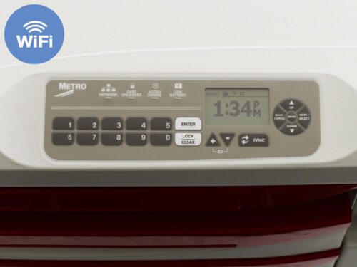 The Metro FLX420W Flexline Advanced Wireless LCD Keyless Entry Touchpad control panel displays the time as 1:34 PM, featuring entry and lock buttons. A WiFi icon in the top left corner indicates seamless connectivity.