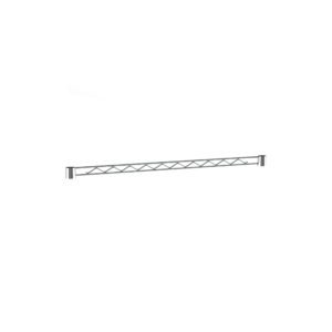 A 30 Metro H130C Super Erecta Hanger Rail in chrome is mounted horizontally on a white background, showcasing its sleek design supported by two sturdy brackets at each end.