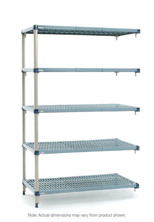 The MetroMax Q 5AQ547G3 5-Shelf Plastic Industrial Shelving Add-On Unit features gray perforated shelves, silver vertical supports, and dimensions of 24 x 42 x 74. Note: Actual dimensions may vary from the product shown.