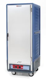 The Metro C539-HXFS-L-BUA is a full-height, blue insulated holding cabinet with a solid aluminum door, operating at 220-240V, 50/60Hz. It features bottom control knobs, a display panel, and four wheels for easy mobility.