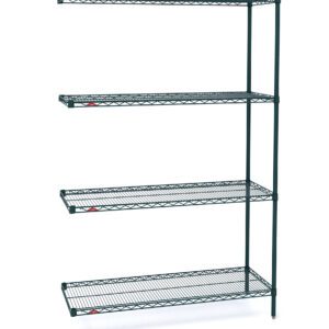 Four-tier black metal shelving unit with wire mesh shelves, similar to the Metro AN326K3 Super Erecta 4-Shelf Industrial Wire Shelving Add-On Unit in Metroseal Green Epoxy, 18 x 30 x 63, shown on white. Small note: dimensions may vary.