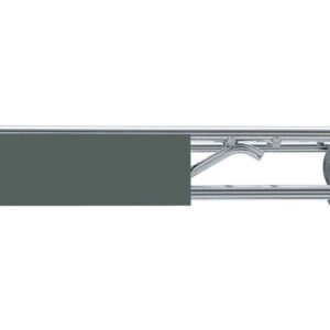 Close-up of a metal pole with an adjustable arm, showcasing the Metro CSM6-GR Super Erecta Color Shelf Marker in gray (6 x 1.25). The arm, featuring a lever mechanism, is part of an efficient mounting system against a white backdrop.