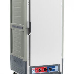 The Metro C537-MFS-U-GYA C5 3 Series insulated cabinet with universal wire slides features a gray finish and solid door. It includes red/blue-accented control panel, side handle, and wheels for easy mobility.