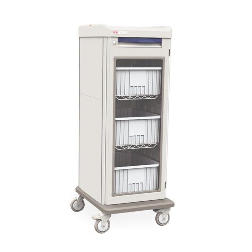 The Metro SXRSIVSTOR Starsys Secure IV Cart, Single-Wide, is tall and mobile with four wheels. It features a transparent front door, three shelves with white bins, a top handle, and a red label at the top. Its light gray color enhances its sleek design.