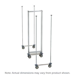 Three Metro LTTM18C chrome garment racks with adjustable height on wheels, featuring a sturdy frame, are elegantly displayed in a staggered arrangement. Note: Actual dimensions may vary from product shown. Ideal for organizing your space efficiently.
