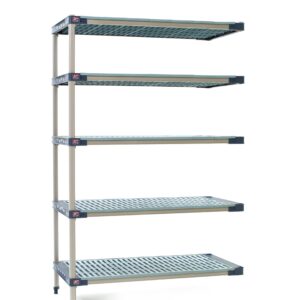 The MetroMax 4 5AX437G4 Shelving Add-On Unit, sized 21 x 36 x 74, includes five adjustable slatted shelves within a sturdy rectangular frame and adjustable feet. Note: dimensions may vary from those shown.
